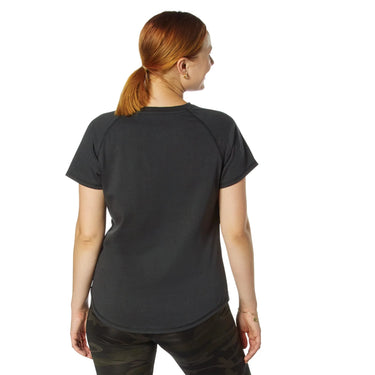 Side angle of Rothco Womens Essential Raglan Sleeve T-Shirt, highlighting construction detail