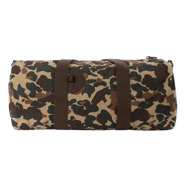 Side angle of Rothco X Bear Archery Fred Bear Camo Canvas Shoulder Duffle Bag, highlighting construction detail