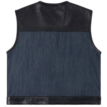 Legacy of Legends 'Denim Downshift' Blue Denim & Black Leather Cropped Motorcycle Vest