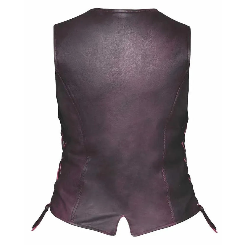Construction detail of women's purple leather motorcycle vest, with closer view of trim and finish