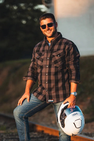Rear view of Bohn Kevlar Men's Flannel Riding Shirt - Grey + Black Plaid, showing rear panel detail