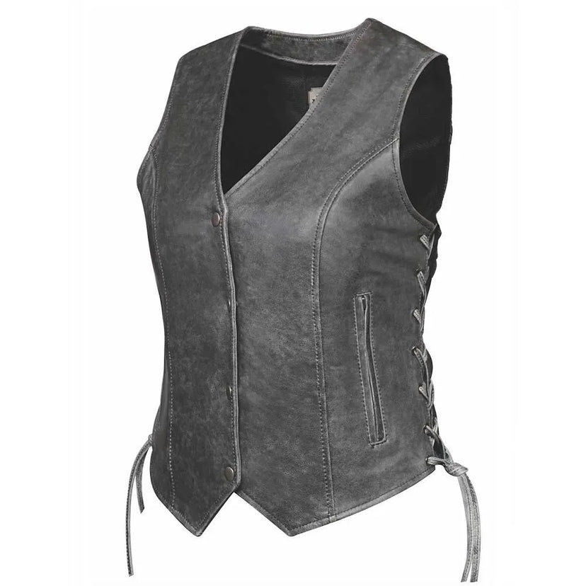 Front-facing view of Bessie women's gray leather motorcycle vest, shown on plain studio background