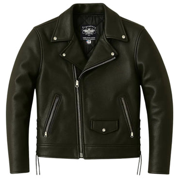 Front view of Legendary Miss America women's black leather motorcycle jacket zipped up, made in USA