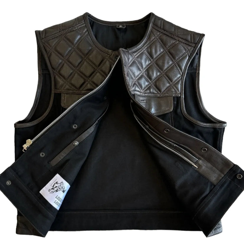 Open lining view of Legacy of Legends cropped chocolate denim twill motorcycle vest