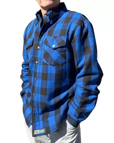 Front-facing view of Bohn Kevlar Men's Flannel Riding Shirt- Blue + Black Plaid, shown on plain studio background