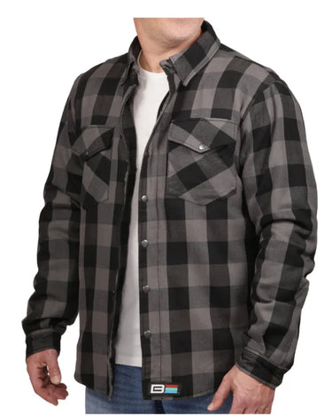 Front-facing shot of men's flannel black shirt, displayed flat for product detail