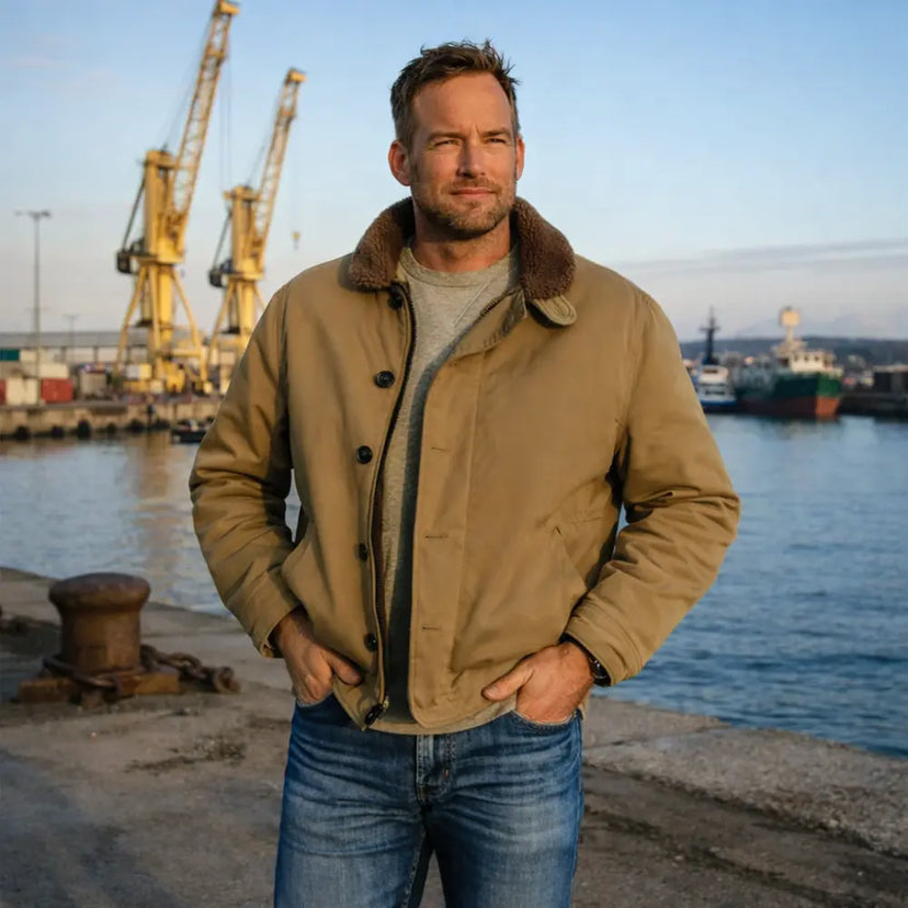 Cockpit USA Men's USN N1 Bedford Cord Deck Jacket (Colors: Navy & Sage) in green cotton made in USA — view 9 of 11