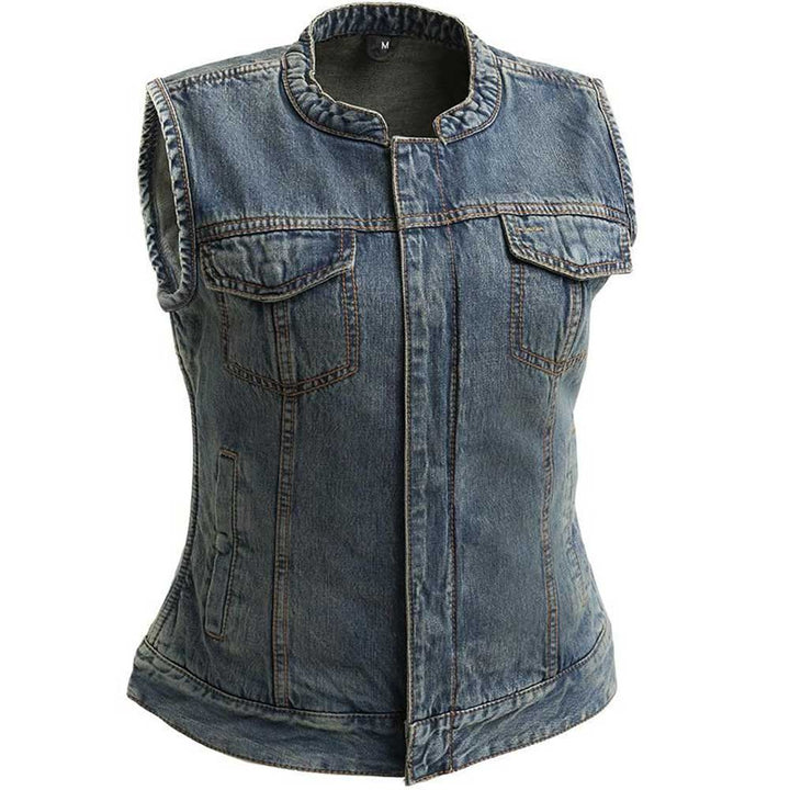 First Mfg Womens Lexy Washed Denim Motorcycle Vest Size MEDIUM - Final Sale Ships Same Day