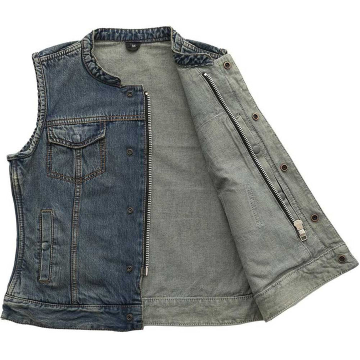 First Mfg Womens Lexy Washed Denim Motorcycle Vest Size MEDIUM - Final Sale Ships Same Day