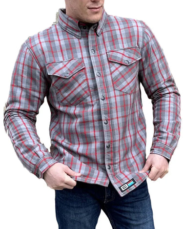 Front view of Bohn Kevlar Men's Flannel Riding Shirt - Red + Grey Plaid, shown on plain studio background