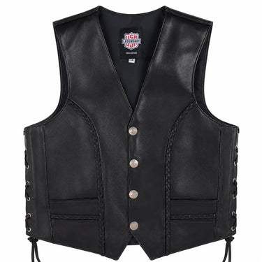 Front view of the Legendary Gunslinger leather motorcycle vest with braided accents, side lacing, and snap buttons
