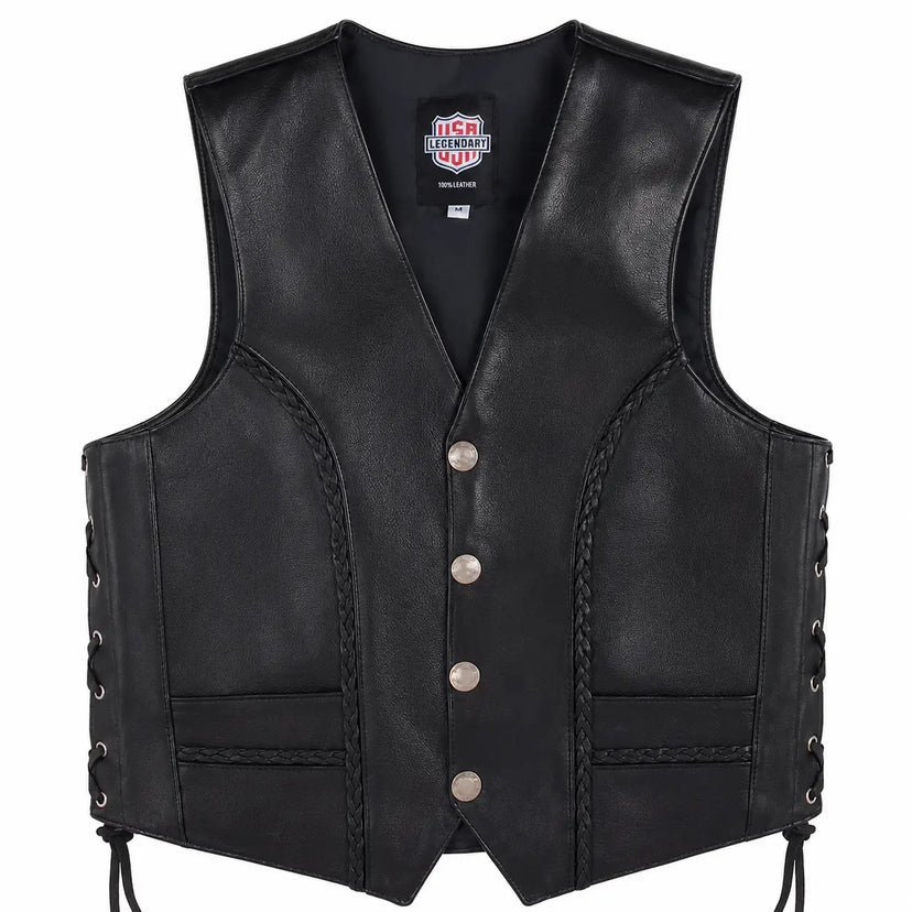 Front view of the Legendary Gunslinger leather motorcycle vest with braided accents, side lacing, and snap buttons