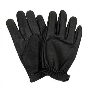 Front view of Legendary short wrist black goatskin gloves, with brand detailing visible