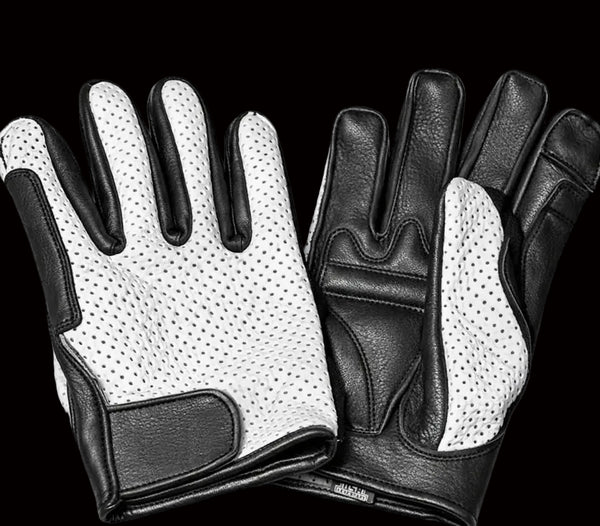 Front view featuring Legendary ventilated white deerskin gloves, displayed flat for product detail