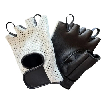 Front view of Legendary ventilated white deerskin gloves, with brand detailing visible
