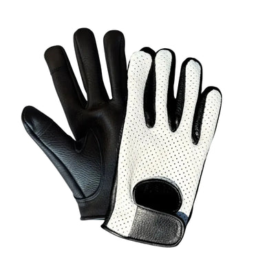 Front view of Legendary ventilated white deerskin gloves, shown on plain studio background