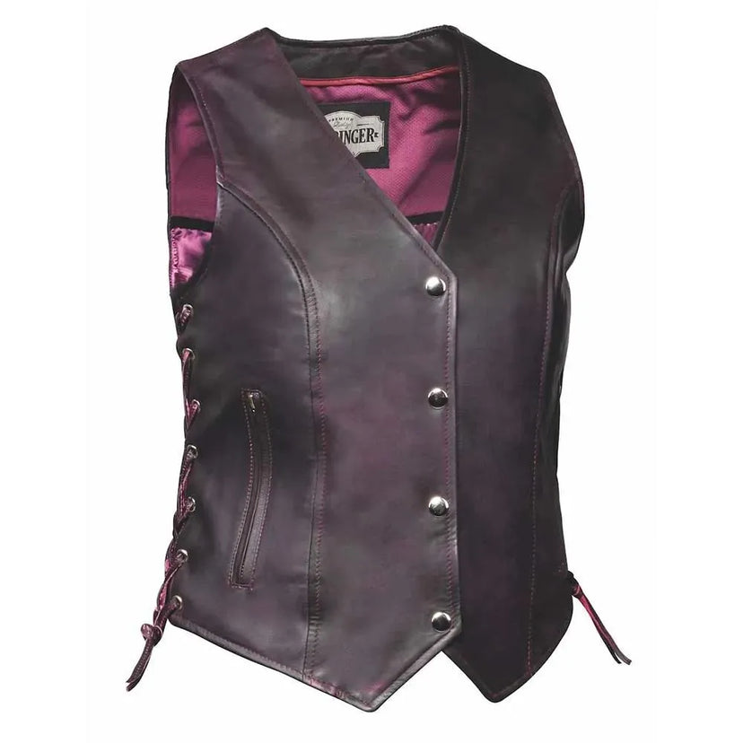 Front-facing view of women's purple leather motorcycle vest, with brand detailing visible