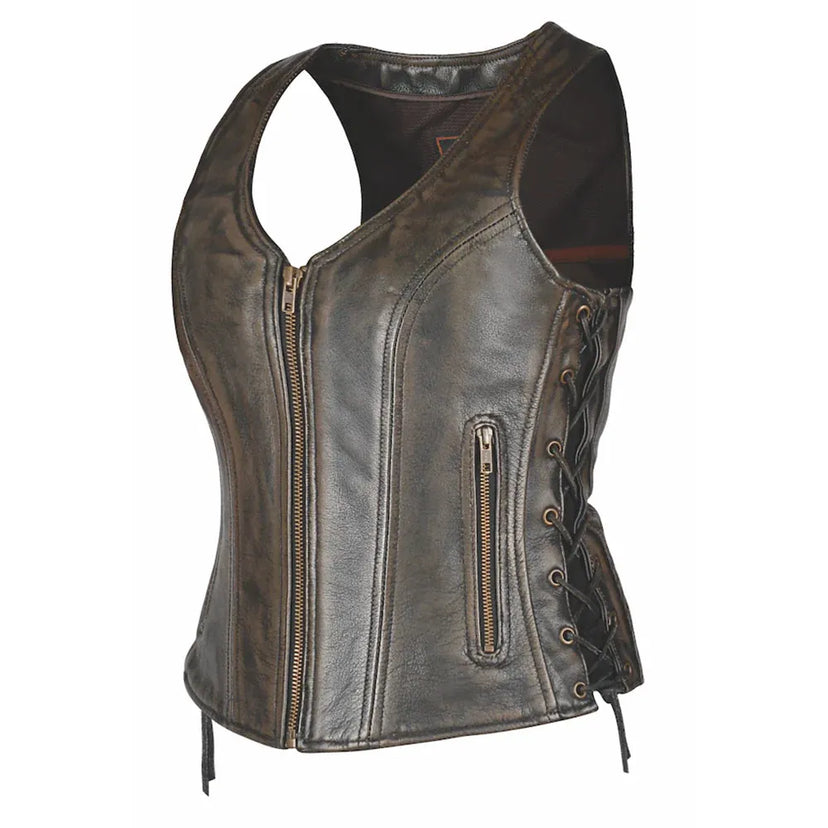 Front-facing view of Rustica - Womens Brown Leather Vest, shown on plain studio background