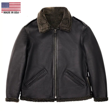 Cockpit USA Black Ops Shearling B-6 Bomber Jacket black front view with shearling collar and Made in USA text
