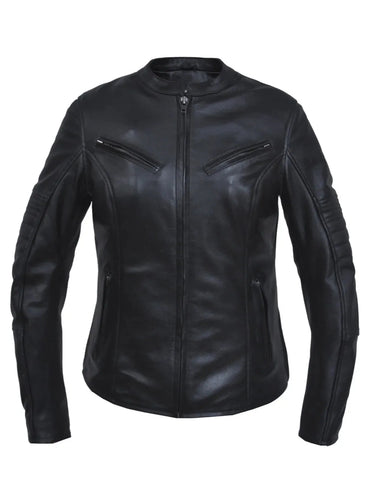 Front view featuring Unik women's black leather motorcycle jacket, shown on plain studio background