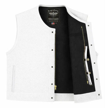 Back view of Legendary perforated white perforated leather motorcycle vest, highlighting stitching and material grain