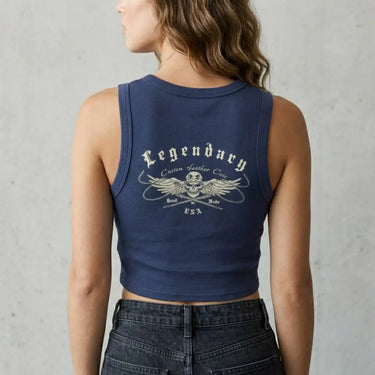 Women's Legendary Baby Ribbed Cropped Tank Top - Navy Blue - Custom Cuts logo