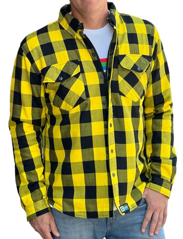 Front view featuring men's flannel yellow shirt, shown on plain studio background