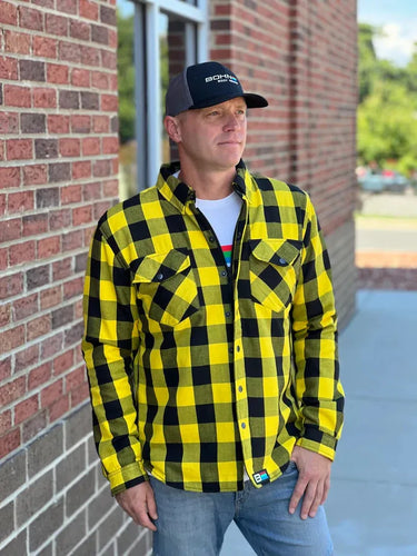 Lifestyle view of men's flannel yellow shirt, with additional view from another angle