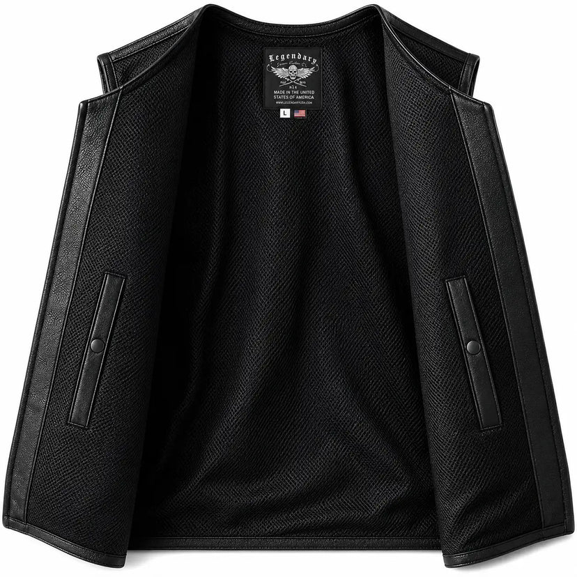 Interior lining of the Legendary Beatdown Fitted Club Leather Vest showing the pockets and finish made in USA