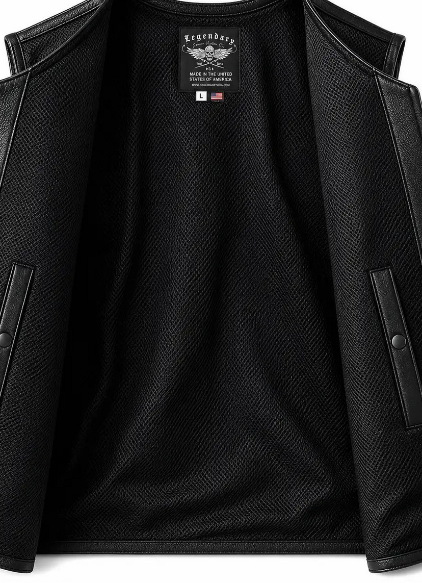 Interior lining of the Legendary Beatdown Perforated Leather Vest — V-Neck Collar showing the pockets and finish
