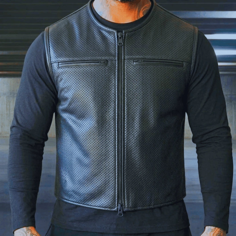 Legendary Beatdown Perforated Leather Vest — V-Neck Collar shown worn to show fit and styling made in USA