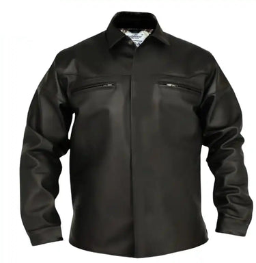 Front view of BECK® 302 Horsehide Riding Shirt in black leather, featuring dual zippered chest pockets and classic collar.