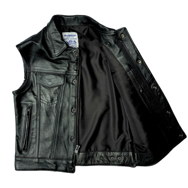 Open view of BECK® 501 Black Horsehide Leather Vest showing interior lining and Northeaster label.