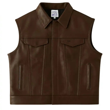 Front view of BECK® 501 Trucker Horsehide Vest in Chestnut Brown with dual flap chest pockets and vertical seams.