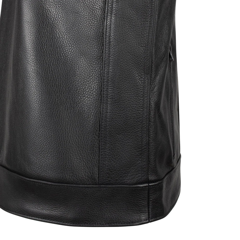 Side view of BECK® 566 black leather vest highlighting textured horsehide grain and sleek stitching