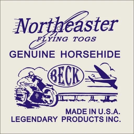 BECK Northeaster Flying Togs vest label showing Genuine Horsehide and Made in USA branding