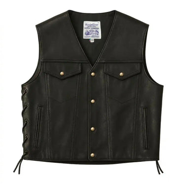 Front view of BECK® Northeaster Flying Togs 588 black horsehide motorcycle vest with snap buttons and side lacing, made in the USA