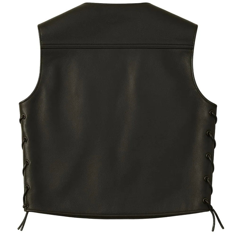 Back view of BECK® Northeaster Flying Togs 588 motorcycle vest in genuine black horsehide leather with classic clean finish and side lacing