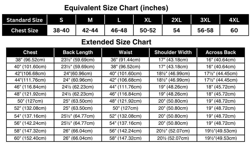Beck Northeaster Flying Togs 588 Vest size chart with measurements, premium product detail