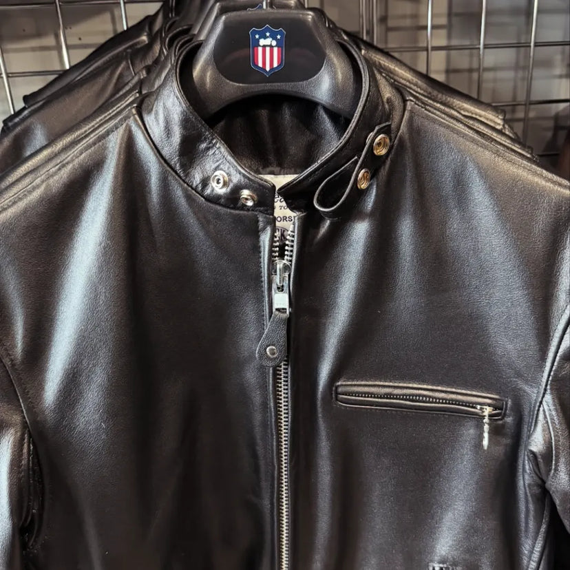 Close-up of BECK® 732 Black Horsehide Jacket collar and zipper detail on hanger