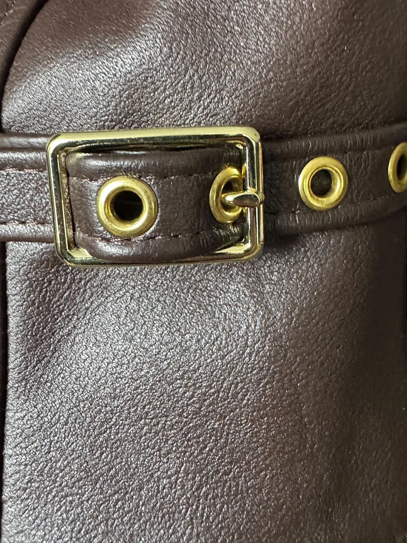Close-up of side buckle and brass hardware on BECK® 777 Brown Horsehide Motorcycle Jacket