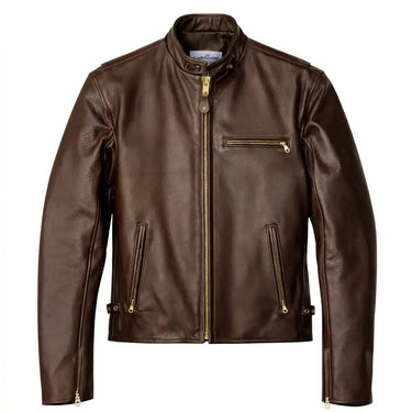 Front view of BECK brown horsehide motorcycle jacket, with brand detailing visible