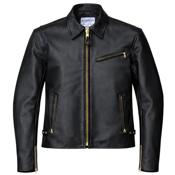 Primary view of BECK black horsehide motorcycle jacket, with brand detailing visible