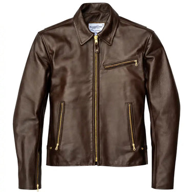 Brown leather jacket with gold zippers on a white background, featuring an American flag label.