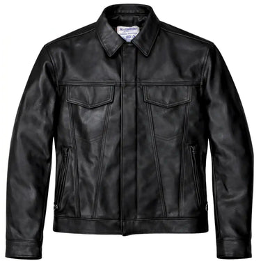 Front view of BECK trucker style horsehide motorcycle jacket, shown on plain studio background