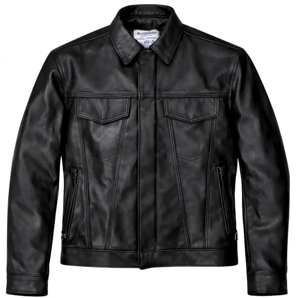 Front view of BECK trucker style horsehide motorcycle jacket, shown on plain studio background