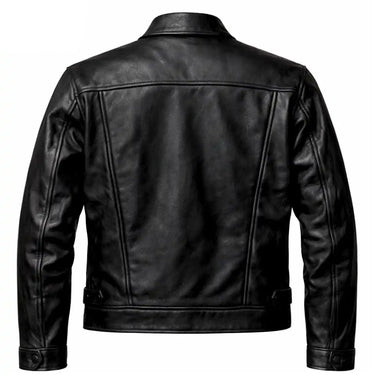 Rear angle of BECK trucker style horsehide motorcycle jacket, with closer view of trim and finish