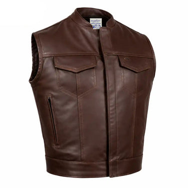 Front view showing Men's BECK brown horsehide leather motorcycle vest, shown on plain studio background