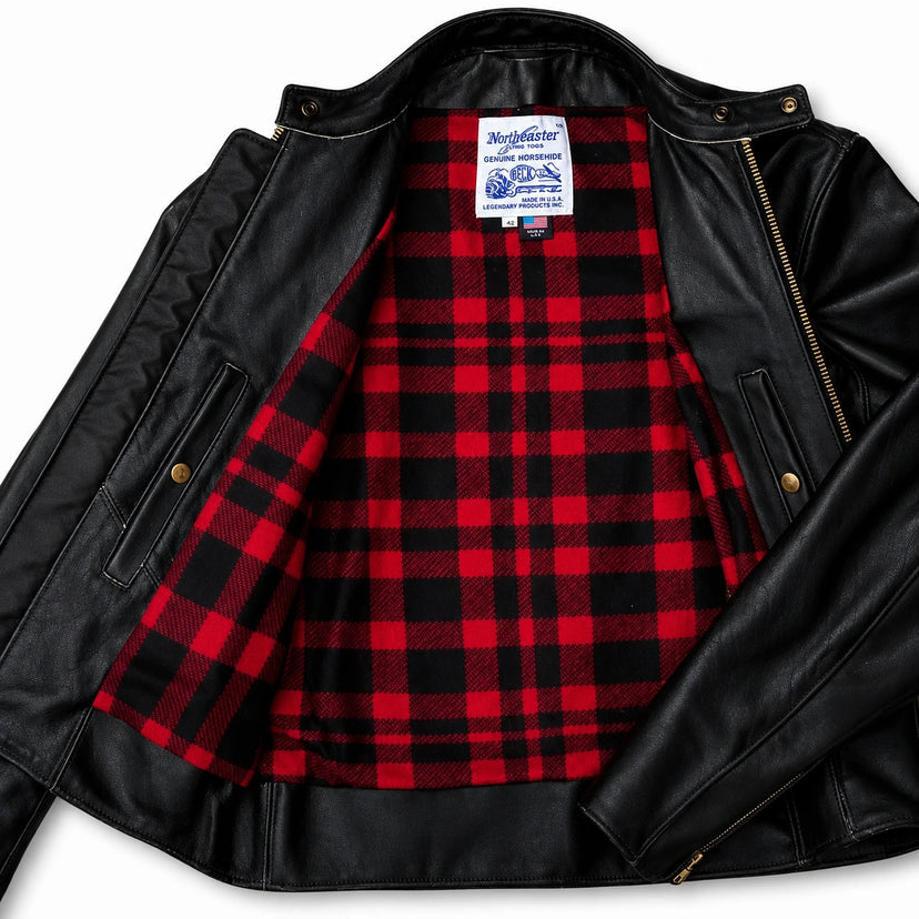 Interior lining of the BECK® 666 Distressed Horsehide Leather Motorcycle Jacket showing the pockets and finish