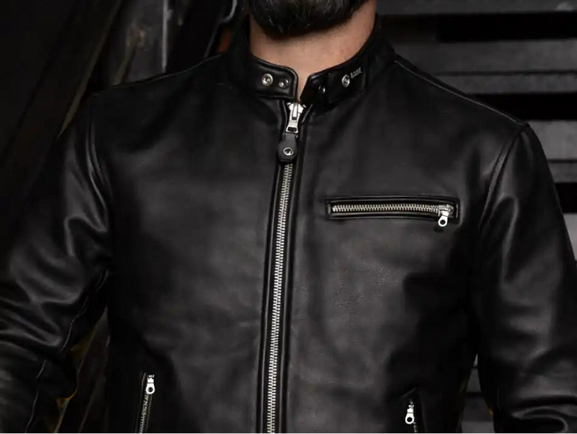 Detail view of BECK black horsehide motorcycle jacket, showing additional product detail